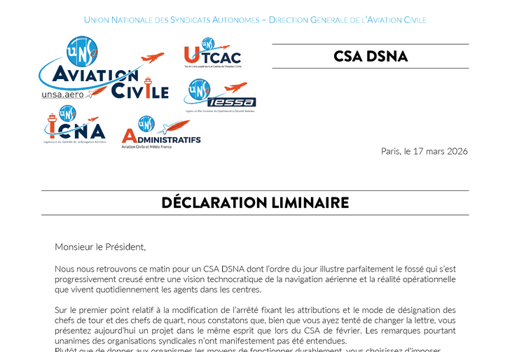 Déclaration liminaire CSA DSNA du 17 mars 2026